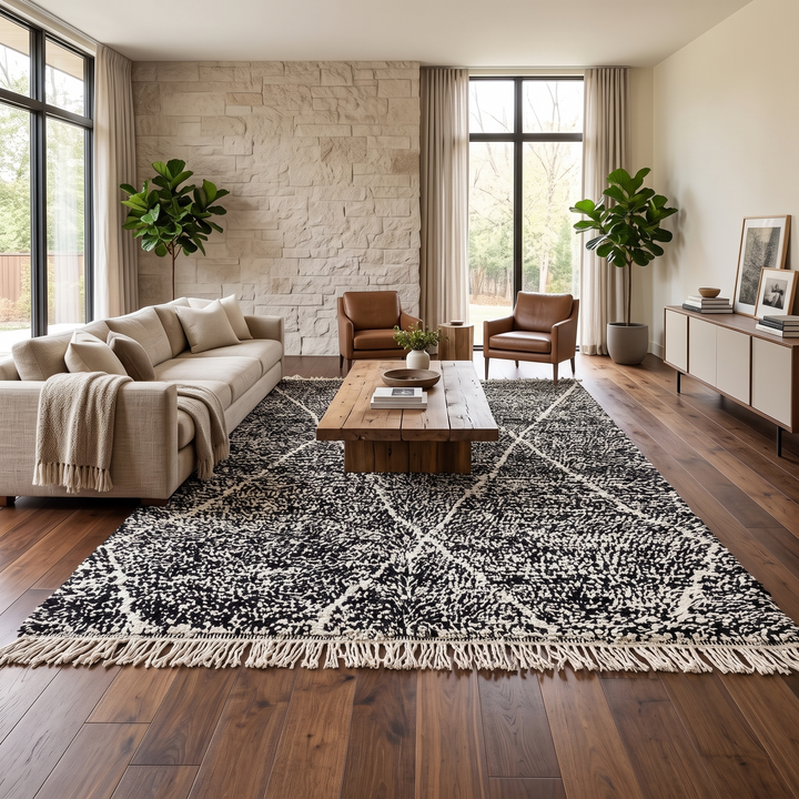 Handmade black Moroccan wool rug with cream diamond pattern – Beni Ourain style