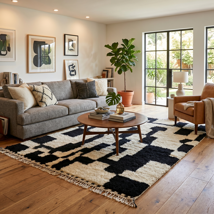 Black and ivory handmade Moroccan wool rug with bold abstract geometric pattern and fringed tassels, displayed against a neutral beige wall.
