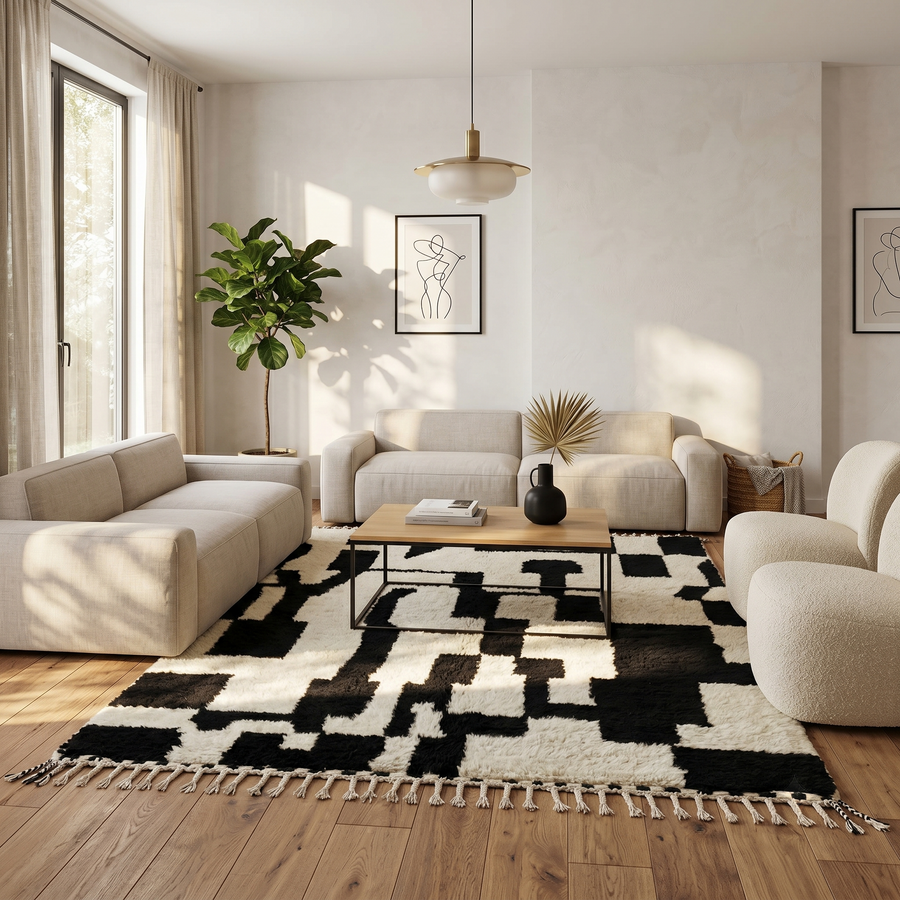 Black and ivory handmade Moroccan wool rug with bold abstract geometric pattern and fringed tassels, displayed against a neutral beige wall.