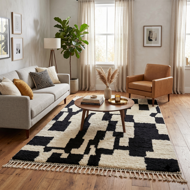 Black and ivory handmade Moroccan wool rug with bold abstract geometric pattern and fringed tassels, displayed against a neutral beige wall.