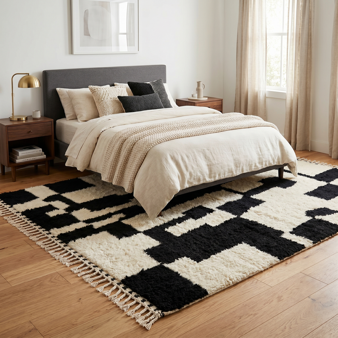 Black and ivory handmade Moroccan wool rug with bold abstract geometric pattern and fringed tassels, displayed against a neutral beige wall.