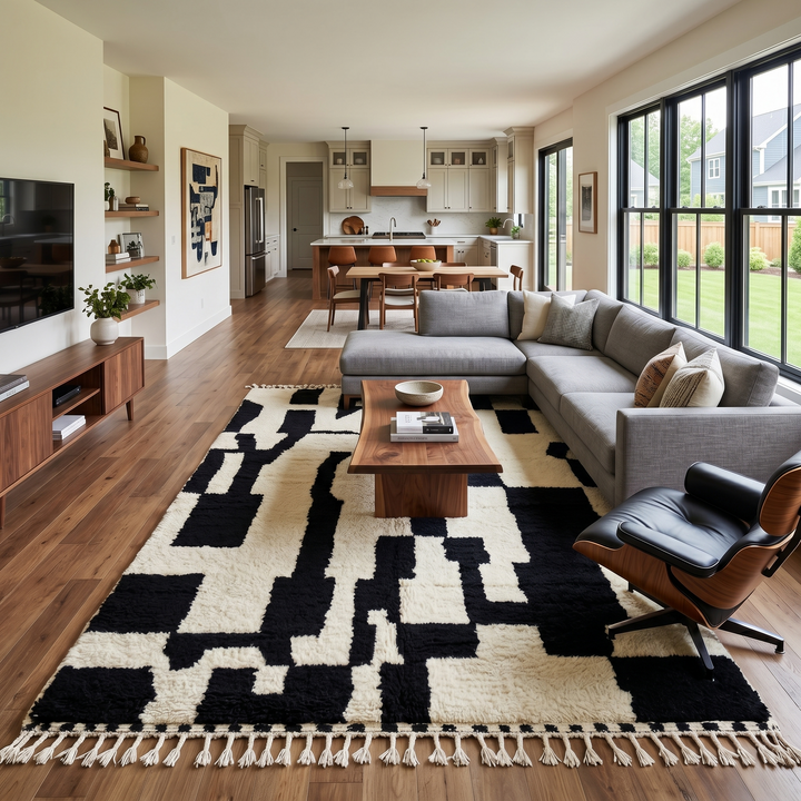 Black and ivory handmade Moroccan wool rug with bold abstract geometric pattern and fringed tassels, displayed against a neutral beige wall.