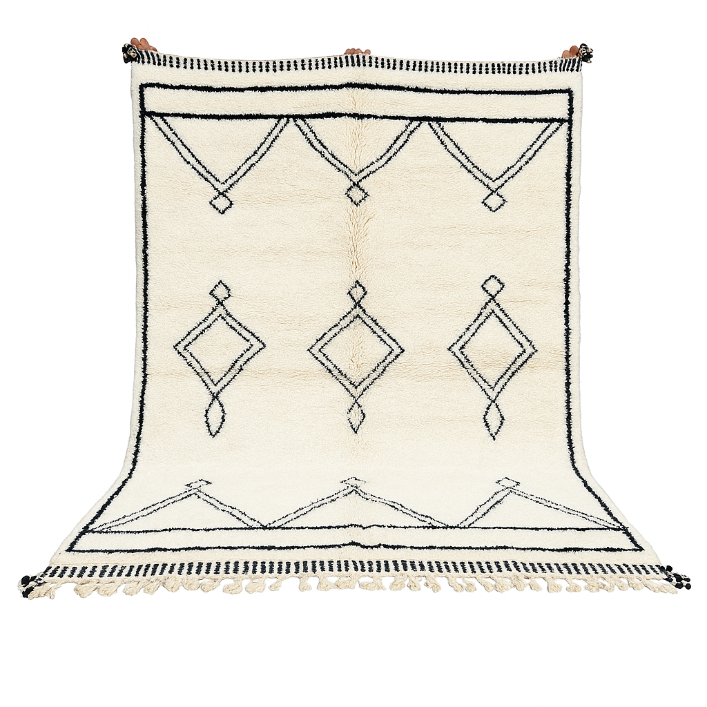 Black and white handmade Beni Ourain Moroccan wool rug with geometric diamond design and fringed edges
