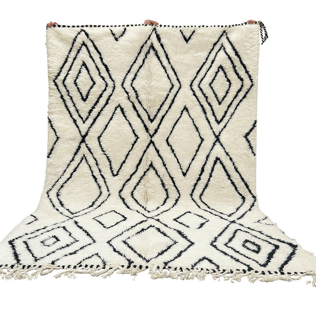 Black and white Beni Ourain Moroccan wool rug with geometric diamond design
