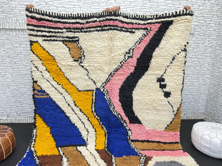 Colorful handmade Moroccan wool rug with abstract geometric pattern