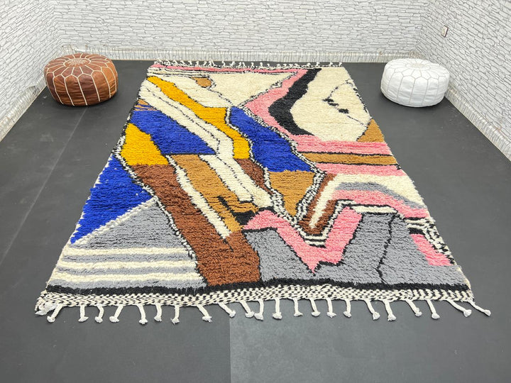 Colorful handmade Moroccan wool rug with abstract geometric pattern
