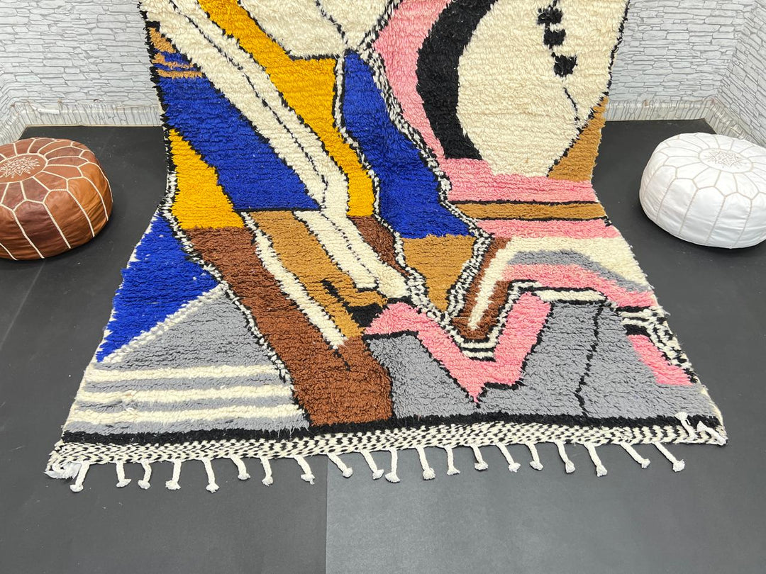 Colorful handmade Moroccan wool rug with abstract geometric pattern