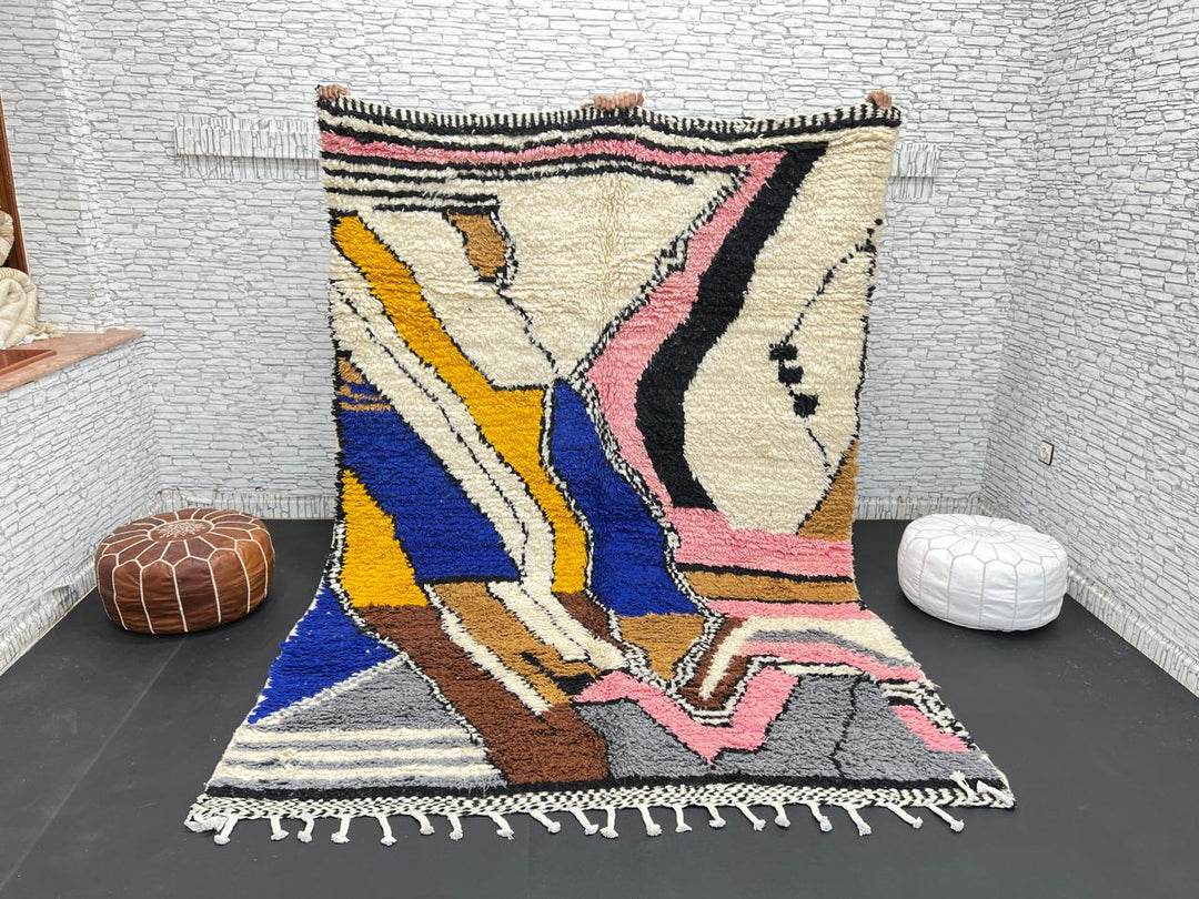 Colorful handmade Moroccan wool rug with abstract geometric pattern