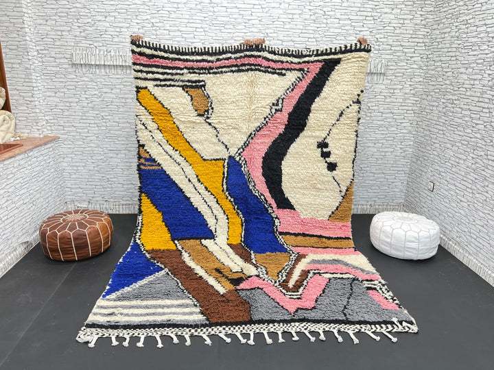 Colorful handmade Moroccan wool rug with abstract geometric pattern