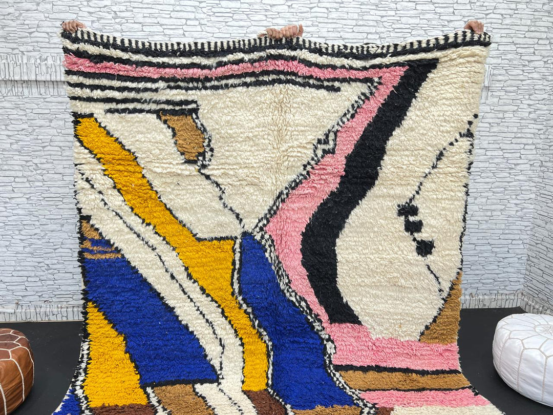 Colorful handmade Moroccan wool rug with abstract geometric pattern