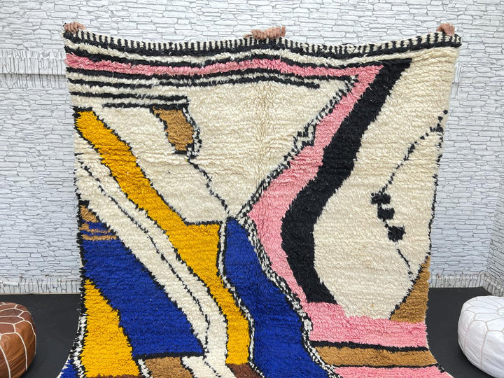 Colorful handmade Moroccan wool rug with abstract geometric pattern
