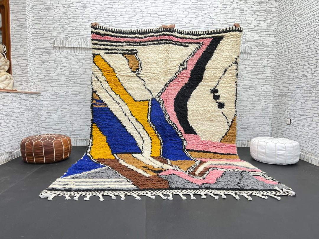 Colorful handmade Moroccan wool rug with abstract geometric pattern