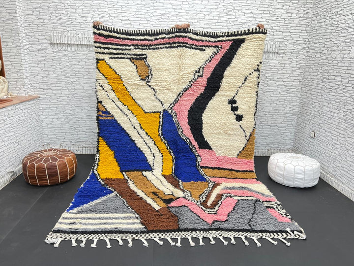 Colorful handmade Moroccan wool rug with abstract geometric pattern