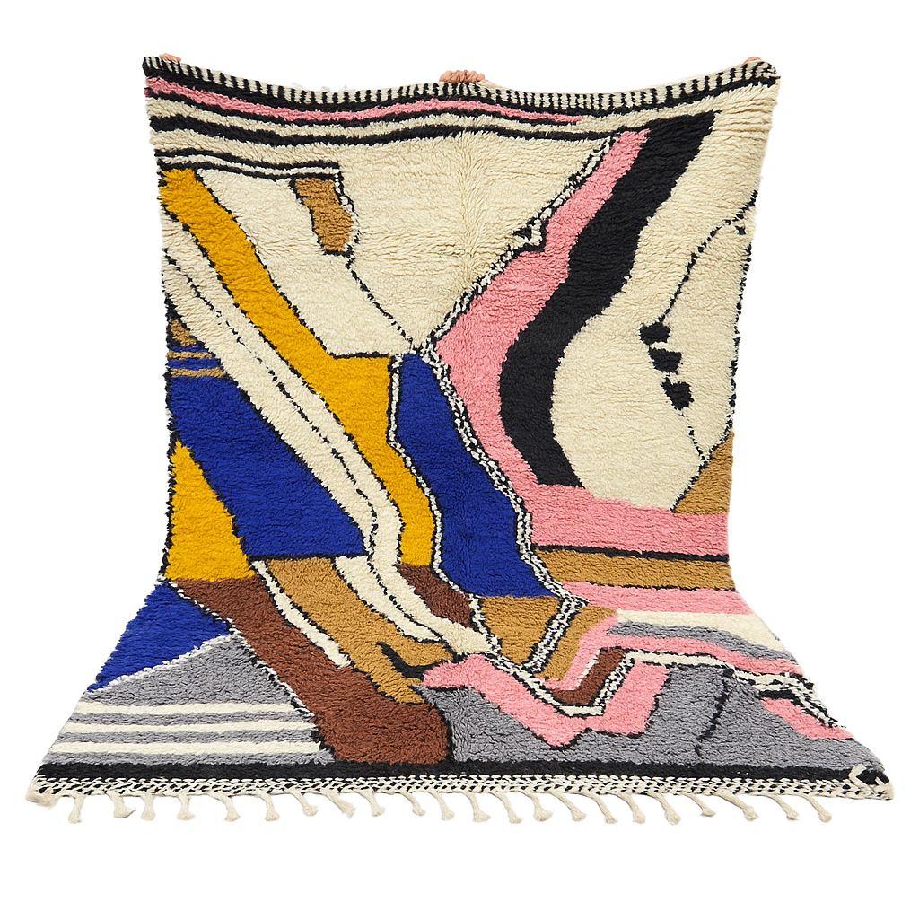 Colorful handmade Moroccan wool rug with abstract geometric pattern