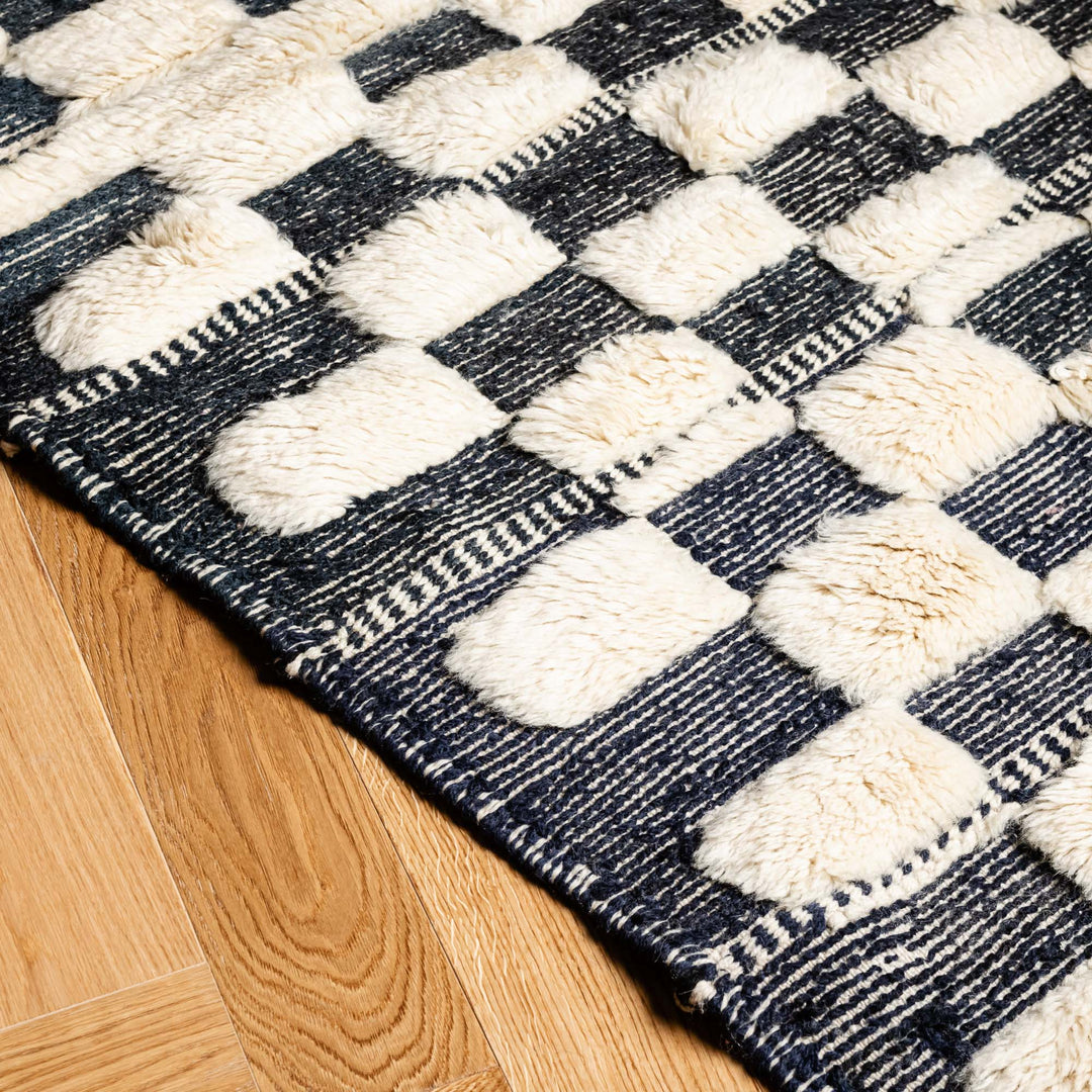 Black and White Checkered Moroccan Rug with Wool Stripe Design