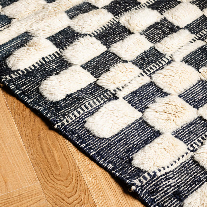 Black and White Checkered Moroccan Rug with Wool Stripe Design