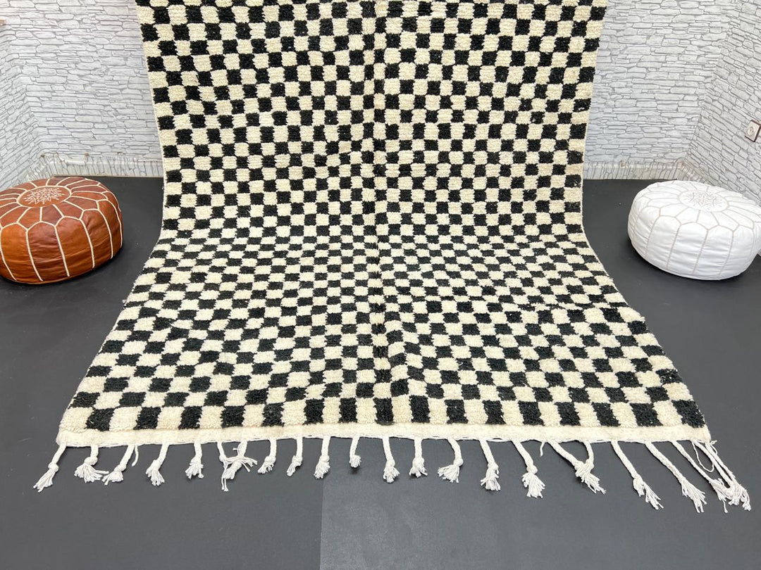 Black and White Checkered Moroccan Wool Rug – Handmade Berber Carpet