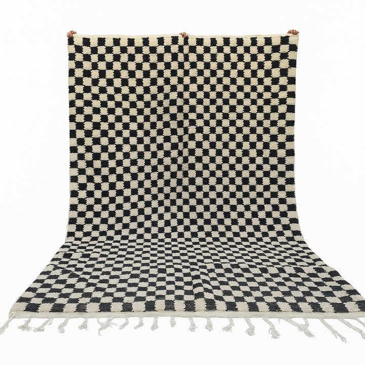 Black and White Checkered Moroccan Wool Rug – Handmade Berber Carpet