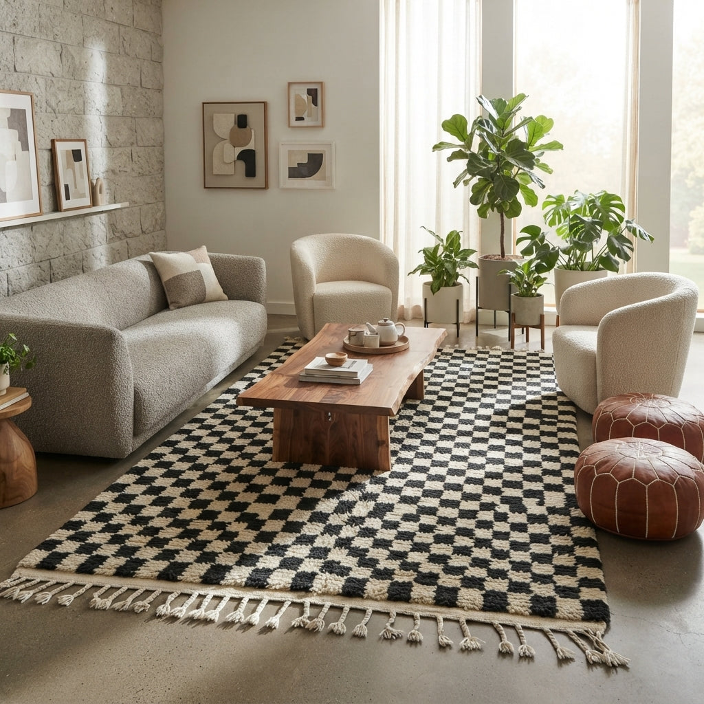 Handwoven black and white Moroccan wool rug with checkerboard pattern