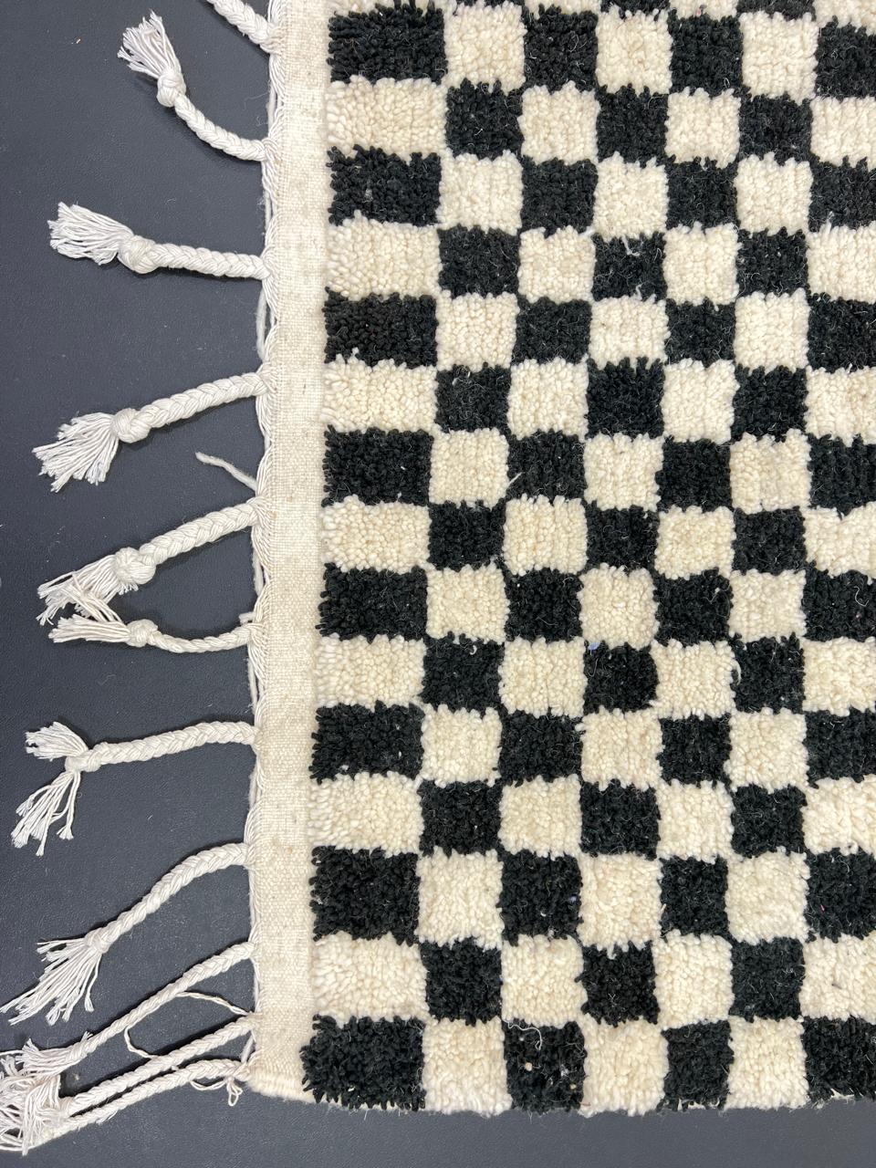 Black and White Checkered Moroccan Wool Rug – Handmade Berber Carpet