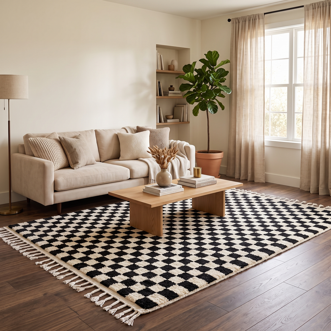 Handwoven black and white Moroccan wool rug with checkerboard pattern