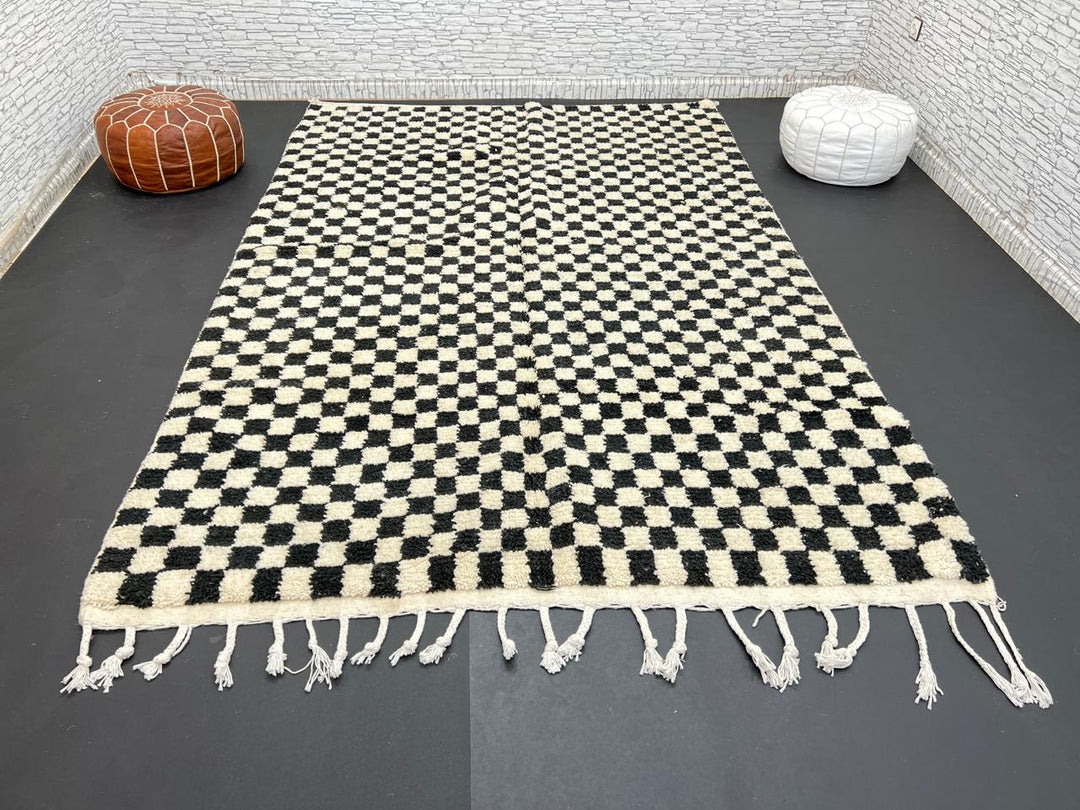 Handwoven black and white Moroccan wool rug with checkerboard pattern