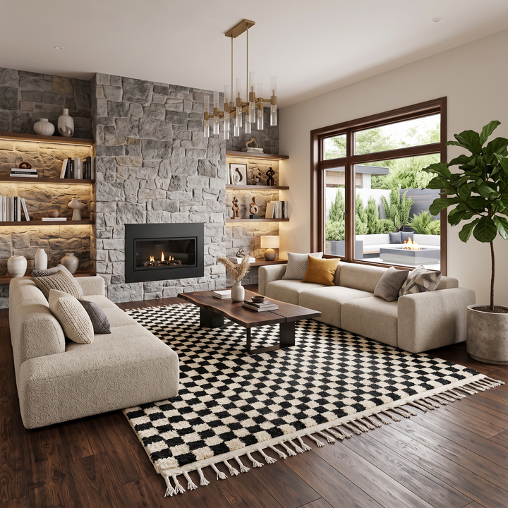Handwoven black and white Moroccan wool rug with checkerboard pattern