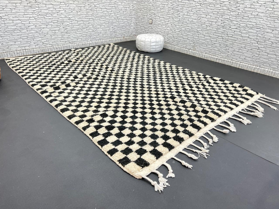 Black and White Checkered Moroccan Wool Rug – Handmade Berber Carpet