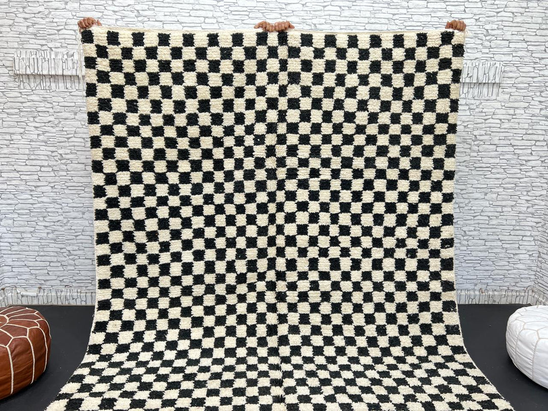 Black and White Checkered Moroccan Wool Rug – Handmade Berber Carpet