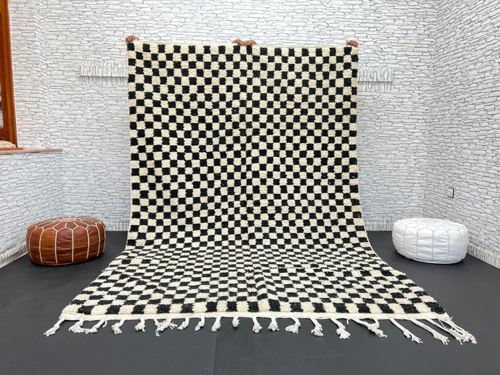 Handwoven black and white Moroccan wool rug with checkerboard pattern