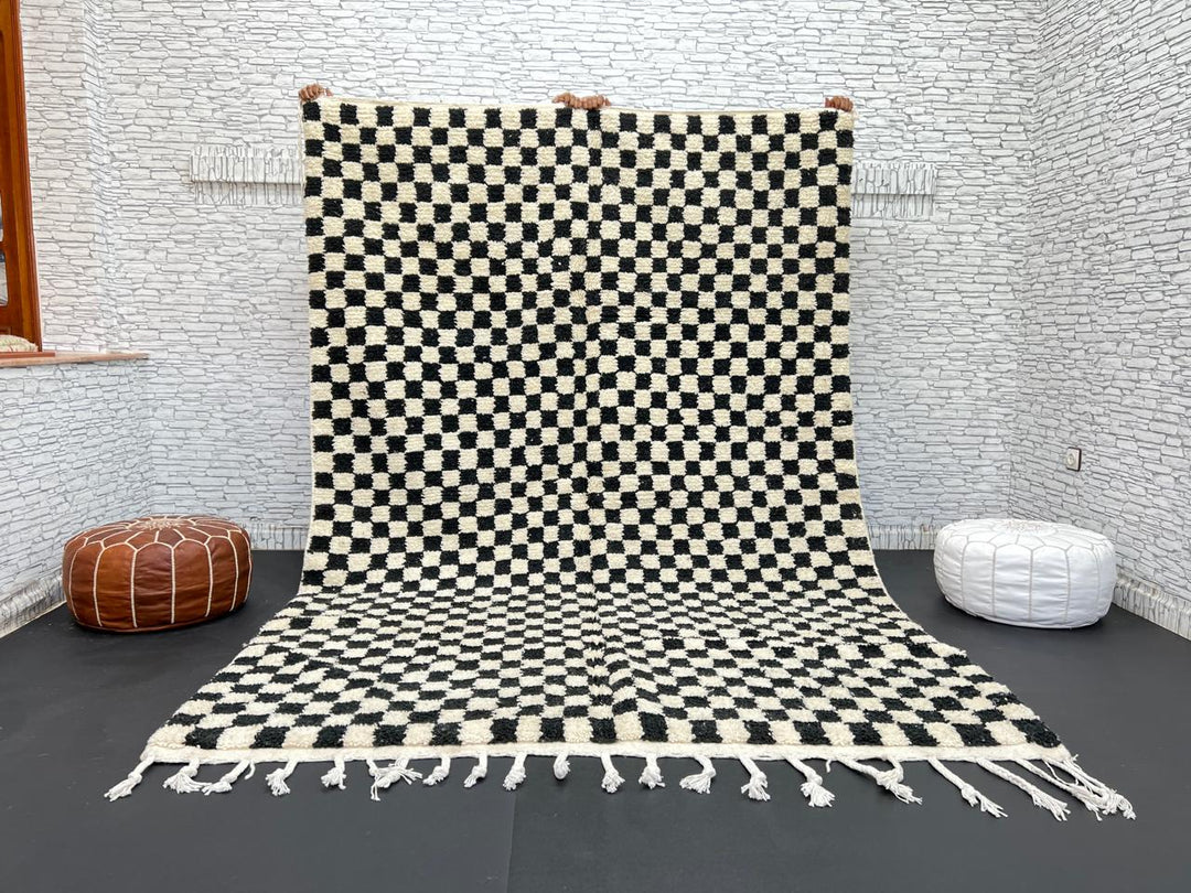 Black and White Checkered Moroccan Wool Rug – Handmade Berber Carpet