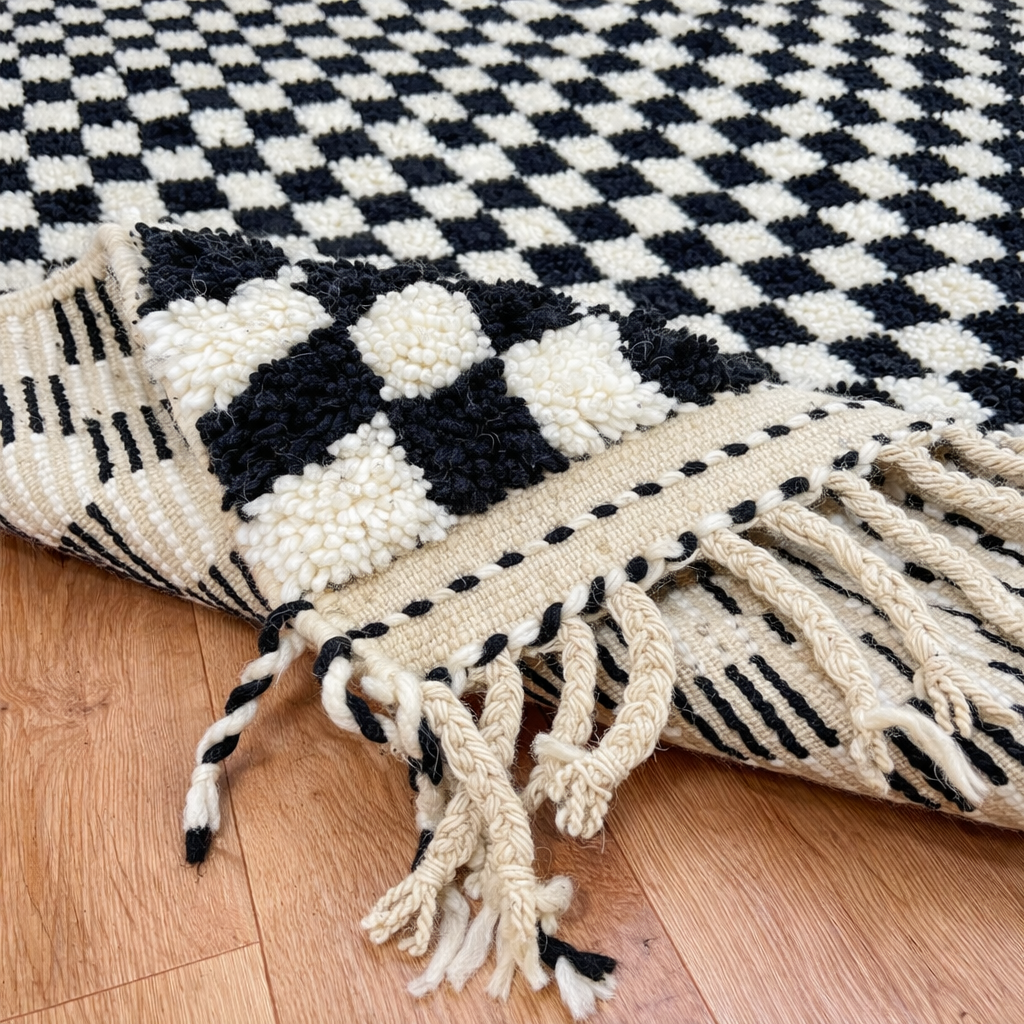 Handmade Moroccan wool rug with black and white checkered design. Plush shag texture, modern style, and artisan crafted.