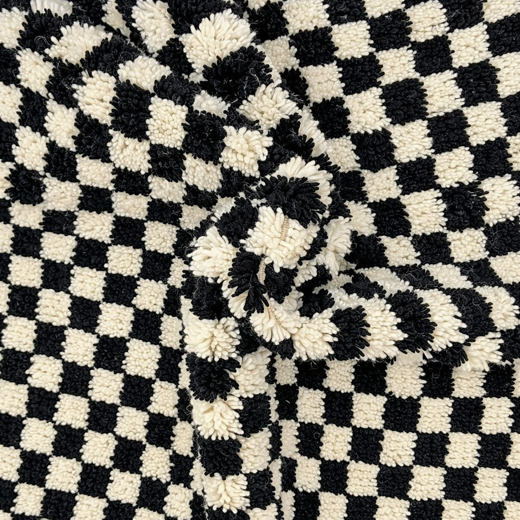 Handmade Moroccan wool rug with black and white checkered design. Plush shag texture, modern style, and artisan crafted.