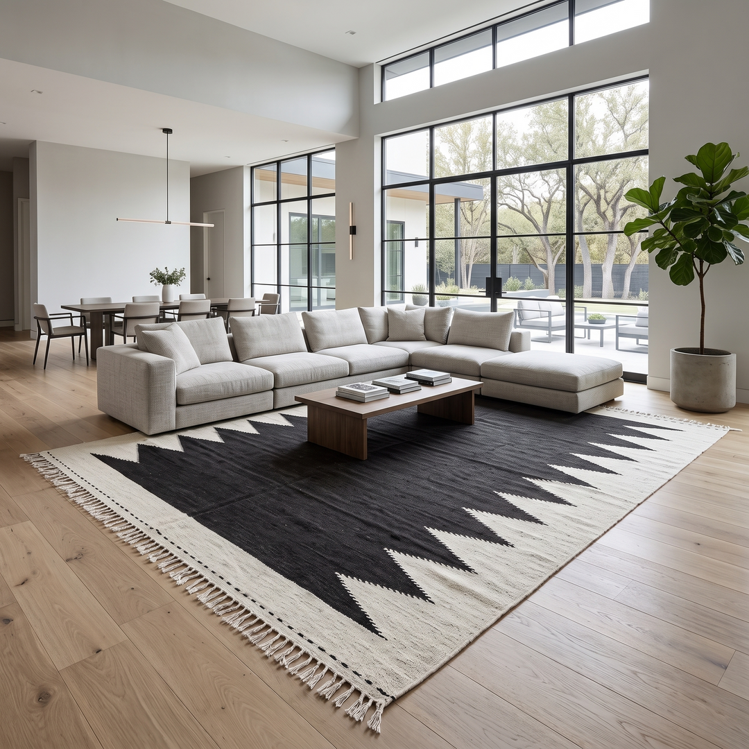 Handwoven Moroccan flatweave rug in black and white – geometric zigzag wool Berber carpet handmade in Morocco
