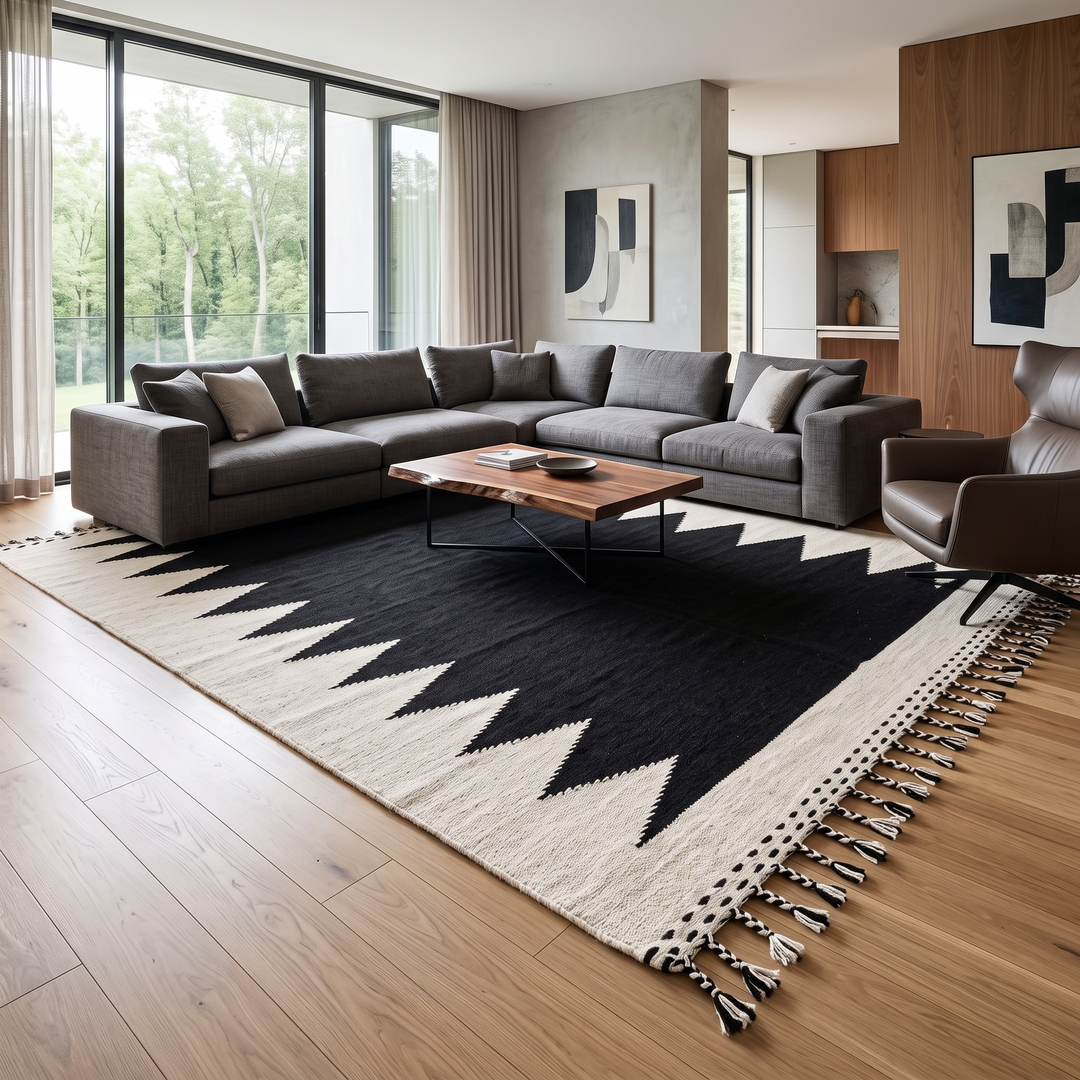 Handwoven Moroccan flatweave rug in black and white – geometric zigzag wool Berber carpet handmade in Morocco
