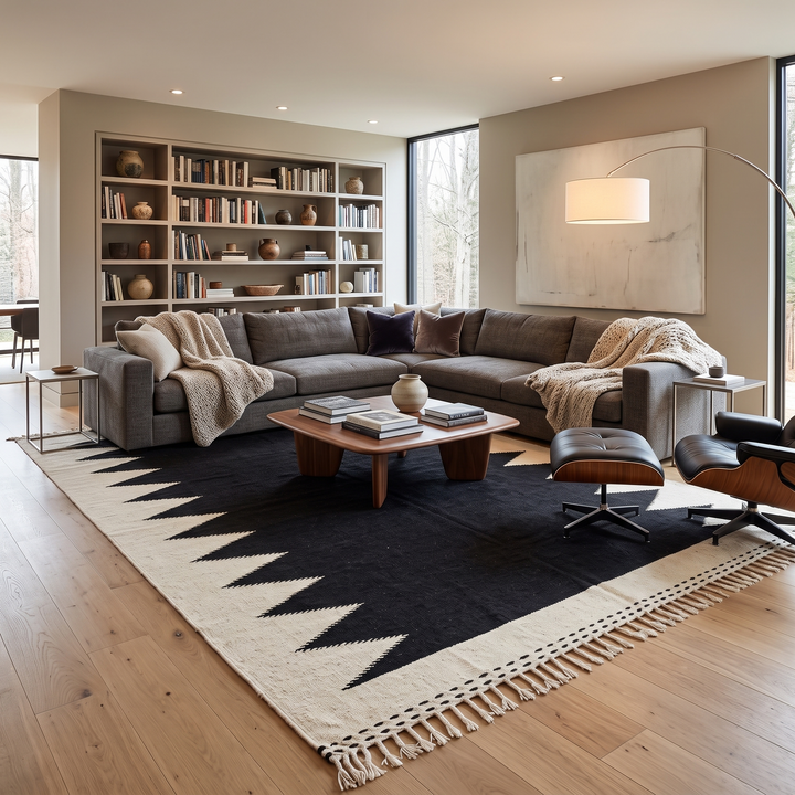 Handwoven Moroccan flatweave rug in black and white – geometric zigzag wool Berber carpet handmade in Morocco
