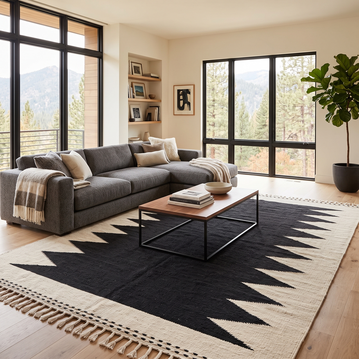 Handwoven Moroccan flatweave rug in black and white – geometric zigzag wool Berber carpet handmade in Morocco
