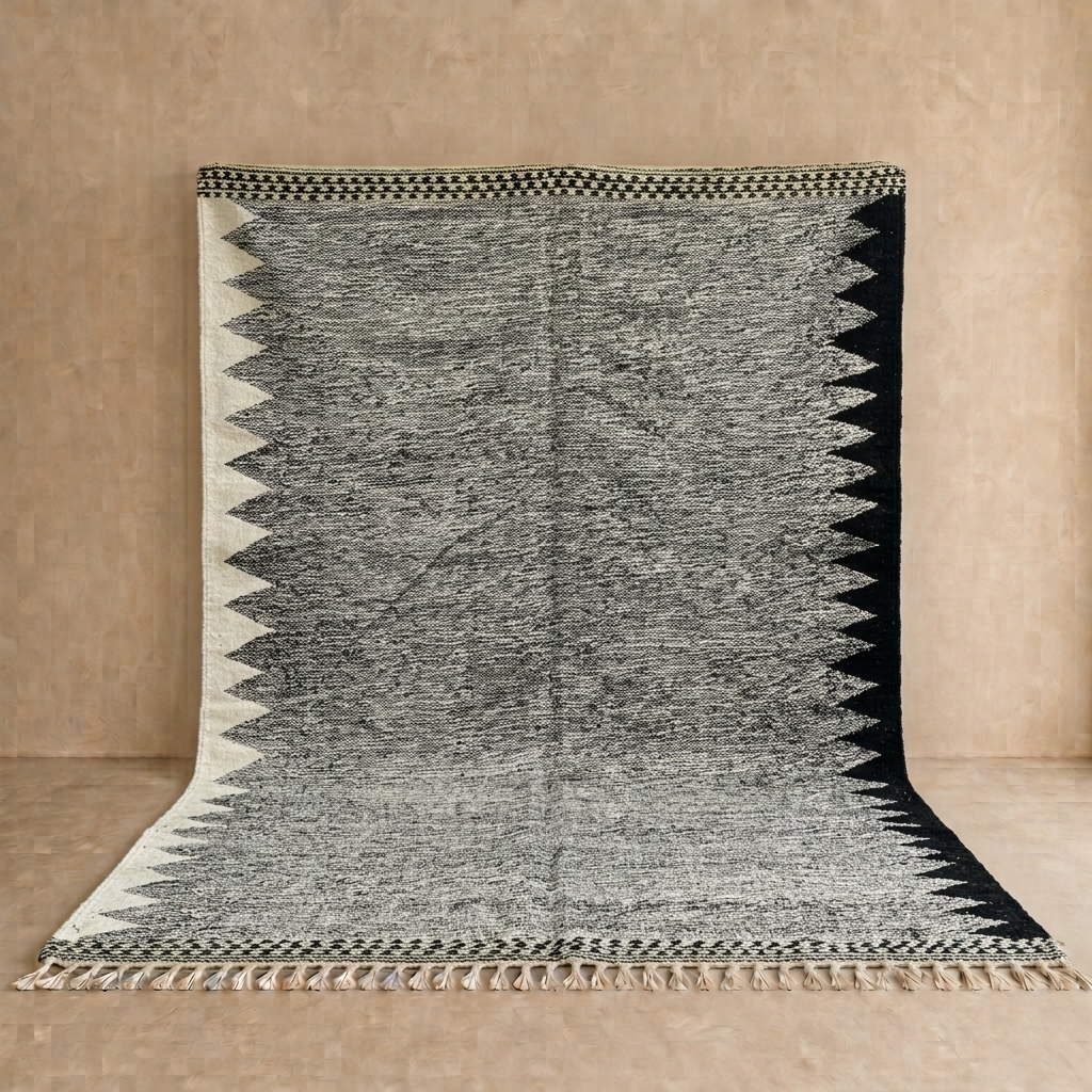 Handwoven black and white Moroccan flatweave wool rug with geometric zigzag pattern – handmade Berber rug from Morocco
