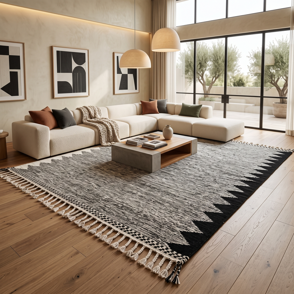 Handwoven black and white Moroccan flatweave wool rug with geometric zigzag pattern – handmade Berber rug from Morocco
