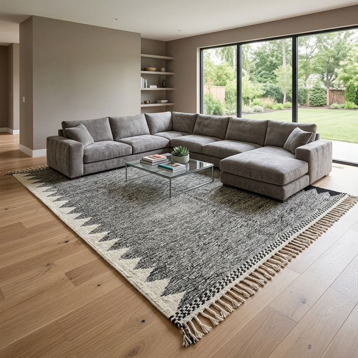 Handwoven black and white Moroccan flatweave wool rug with geometric zigzag pattern – handmade Berber rug from Morocco
