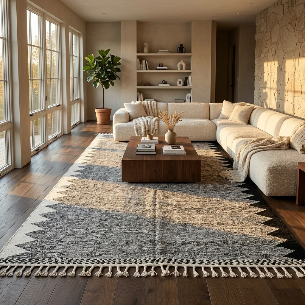 Handwoven black and white Moroccan flatweave wool rug with geometric zigzag pattern – handmade Berber rug from Morocco
