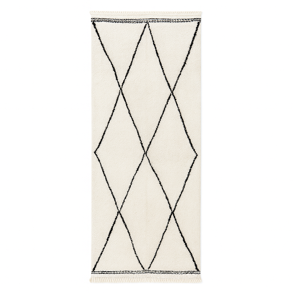 Black and white Moroccan runner rug with Beni Ourain diamond pattern, handmade wool Berber carpet