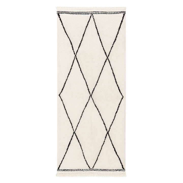 Black and white Moroccan runner rug with Beni Ourain diamond pattern, handmade wool Berber carpet