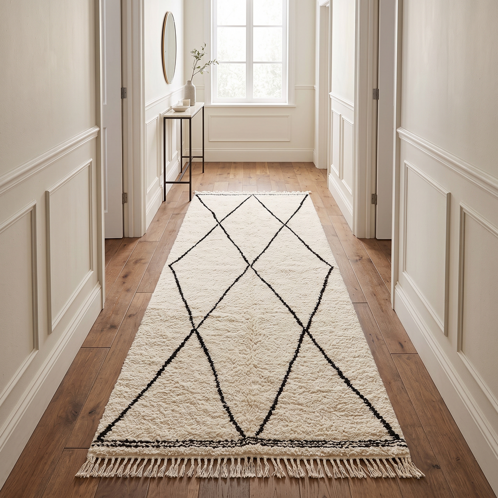 Black and white Moroccan runner rug with Beni Ourain diamond pattern, handmade wool Berber carpet