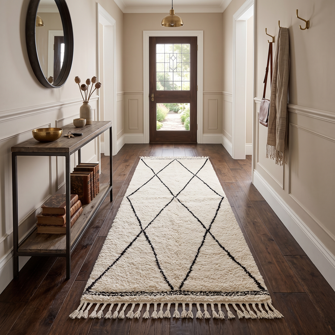 Black and white Moroccan runner rug with Beni Ourain diamond pattern, handmade wool Berber carpet