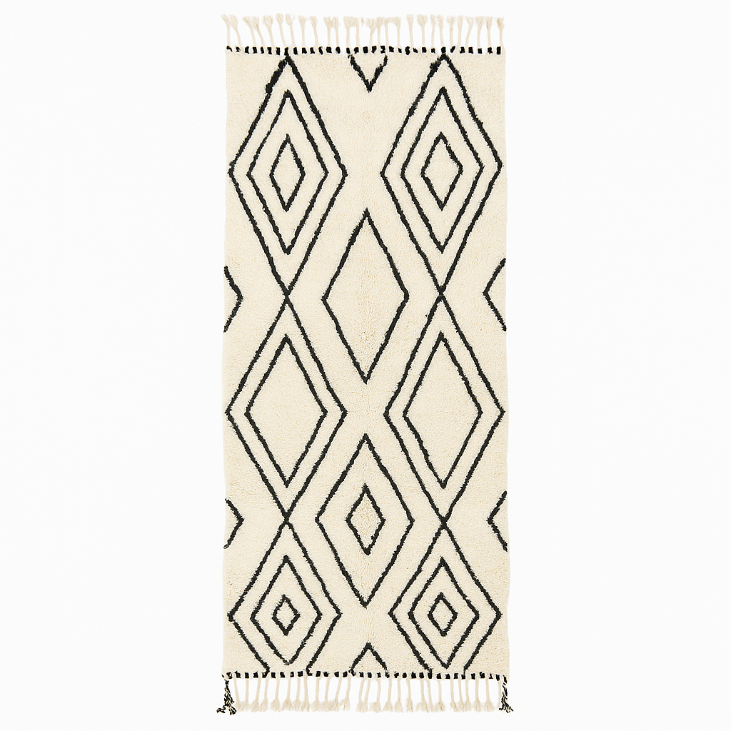Black and white Moroccan wool runner rug with Beni Ourain diamond pattern and fringed edges