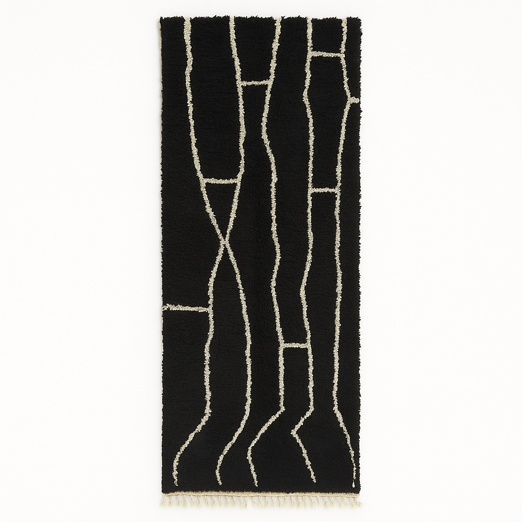 Handmade black and white Moroccan wool runner rug with abstract linear geometric design