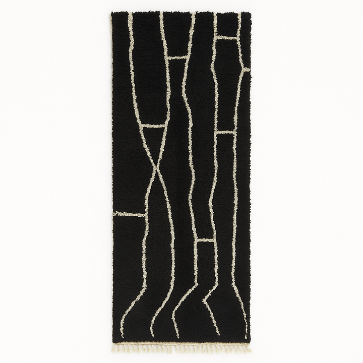 Handmade black and white Moroccan wool runner rug with abstract linear geometric design