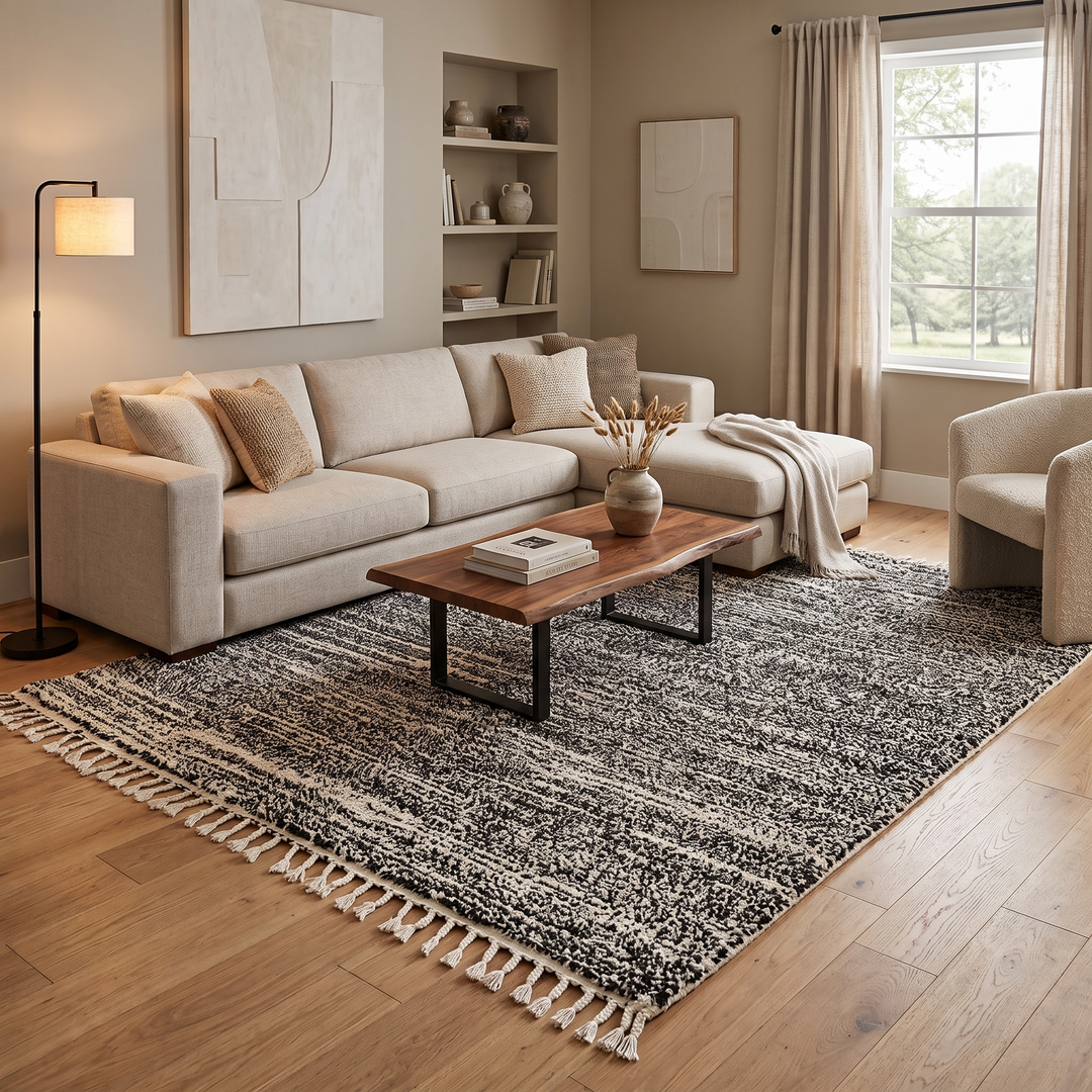Handmade black and white Moroccan wool rug – modern Berber design