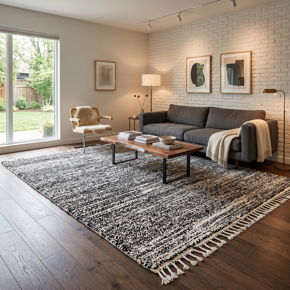Handmade black and white Moroccan wool rug – modern Berber design